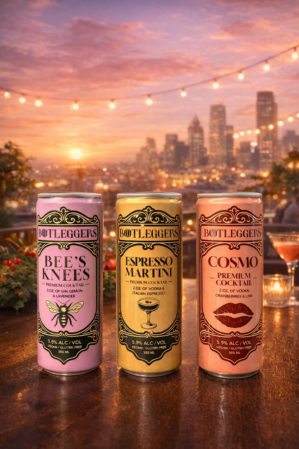 Bootleggers Bee's Knees, Espresso Martini and Cosmo cans